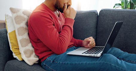 Image showing Man writing email, frustrated working from home and reading digital laptop screen in living room. Cybersecurity glitch, typing online password and young latino person use internet technology on sofa