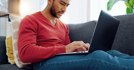 Image showing Stress, anxiety and asian man on laptop for finance management, savings budget or insurance taxes in house living room sofa. Mental health, burnout or technology glitch from investment bank loan hack