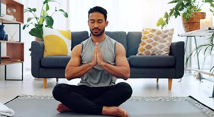 Image showing Yoga, namaste man and living room exercise for zen meditation and mental relaxation time in home. Peaceful, spiritual and fitness wellness routine for calm mindset and stress free lifestyle.