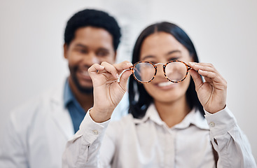 Image showing Medical, eye care and vision with woman and glasses for you for decision, retail and optometry healthcare. Choice, frames and ophthalmology with doctor and patient for consulting, shopping and lens