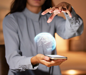 Image showing Woman, hands and phone with 3D hologram of globe for global communication, networking or technology at night. Hand of female holding smartphone with holographic earth for futuristic tech innovation