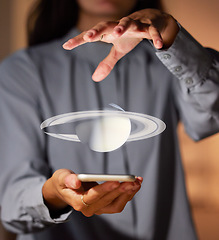 Image showing Saturn graphic, galaxy vr and futuristic planet hologram with a business woman and phone. Digital, globe 3d illustration and virtual holographic image of a employee holding a mobile showing universe