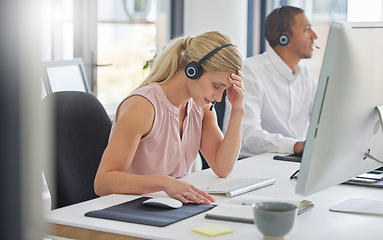 Image showing Headache, tired call center woman in stress, fatigue or depression problem at telemarketing sales career. Mental health risk, sad or depressed consultant, professional advisor or telecom agent person