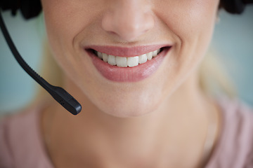 Image showing Closeup, mouth and woman with headset, call center and telemarketing for customer service, conversation and advice. Zoom, female agent and happy consultant with headphones, tech support and help desk