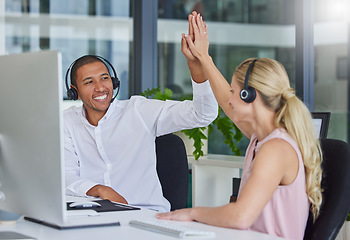 Image showing High five, call center and teamwork with people in office for deal, success and customer service. Collaboration, consulting and celebration with man and woman for help desk, advisory and victory