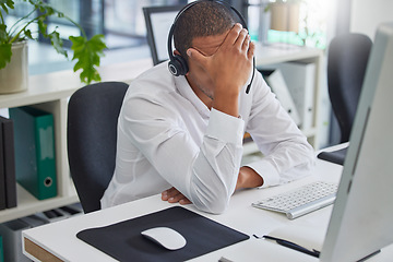 Image showing Man, call center and stress in office, telemarketing and pressed with customer service, glitch or headache. Male employee, consultant or agent in workplace, tech support or anxiety with mental health