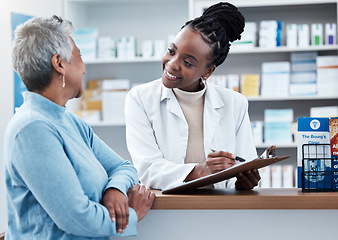 Image showing Pharmacy, healthcare or insurance with a customer and black woman pharmacist in a dispensary. Medical, clipboard and trust with a female medicine professional helping a patient in a drugstore