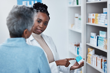 Image showing Pharmacy, black woman pharmacist and elderly patient with medication discussion of side effect. Medical clinic, doctor and pharmaceutical drugs with a healthcare, wellness and health employee at work