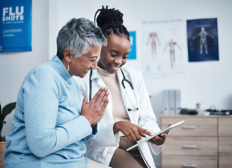 Image showing Black woman, doctor and senior patient with tablet, results and happy for health clearance, advice or report. African medic, mobile touchscreen and healthcare with smile, tech and support in hospital