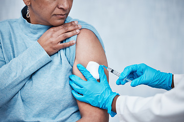 Image showing Covid, vaccine and medical with arm of woman for virus, prevention and treatment. Consulting, healthcare and medicine with doctor and patient for injection, immunization and protection in pandemic