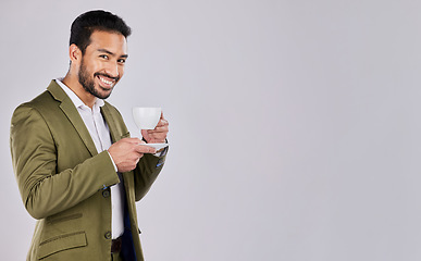 Image showing Coffee, smile and portrait of man with mockup space for product placement, advertising and marketing. Happiness, studio and happy male with latte, cappuccino and beverage in cup on white background