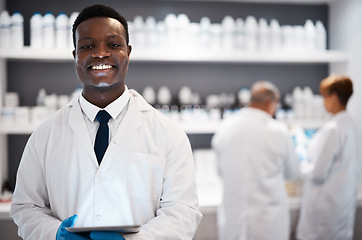 Image showing Portrait, science and black man, lab and tablet for research, connection and success with experiment. Face, happy African American male research and scientist in laboratory, device or online reading