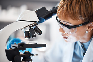 Image showing Medical science, woman and glasses at microscope in a laboratory for research, analytics and to study. Scientist person with Petri dish in lab for dna particle, future and biotechnology innovation