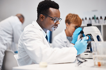 Image showing Science, vial and black man with focus, laboratory and innovation for healthcare, wellness and vaccine. Research, Nigerian male employee and researcher with test tube, experiment or medicine for cure