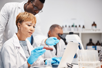 Image showing Research, team and science in laboratory, tablet and conversation for experiment, sample and update results. Science, man and woman with test tube, device and planning for healthcare and discussion