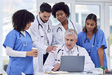 Image showing Healthcare, meeting and doctors with laptop for planning, learning and advice on results. Teamwork, talking and group of clinic workers speaking about cardiology, research and information on medicine