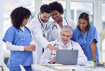 Image showing Healthcare, talking and doctors with laptop for analysis, learning and advice on results. Teamwork, meeting and group of clinic workers speaking about cardiology, research and information on medicine