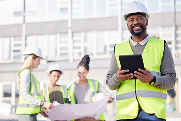 Image showing Architect, leader and black man construction worker with tablet, smile in portrait with digital blueprint. Architecture, contractor and happy male engineer, building industry and team with floor plan