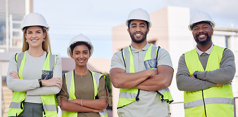 Image showing Architecture, construction team and diversity in portrait, contractor group smile with work at building site. Architect, engineer and people with arms crossed, solidarity and trust in collaboration
