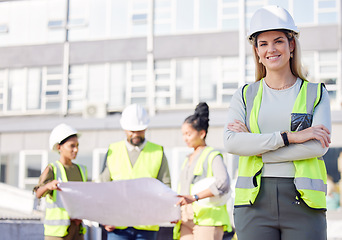 Image showing Architect, leader and woman construction worker, smile in portrait with blueprint and collaboration. Architecture, contractor and happy female engineer, building industry and team with floor plan