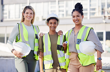 Image showing Architecture, women construction team and diversity in portrait, contractor group with smile at building site. Architect, engineering female with solidarity and trust in collaboration with builder