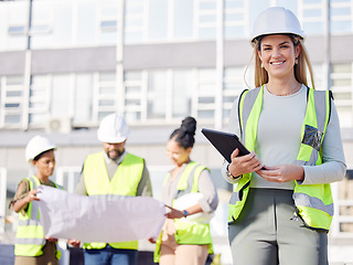 Image showing Architect, leader and woman construction worker with tablet, smile in portrait with digital blueprint. Architecture, contractor and happy female engineer, building industry and team with floor plan