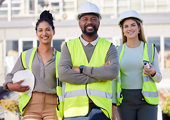 Image showing Architect, leader and black man construction worker, team smile in portrait with women and diversity. Architecture people, contractor and happy engineer group in building industry and collaboration