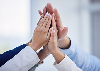 Image showing Solidarity, high five and support with hands of business people in office for teamwork, celebration or motivation. Commitment, victory and success with group of friends for achievement, unity or deal