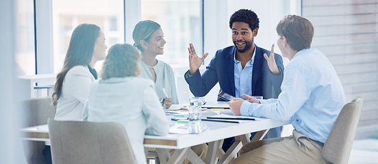 Image showing Happy, explaining and black man in a meeting for a presentation, planning and workshop. Business, communication and employees talking about a corporate project, idea or plan in a team seminar