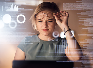 Image showing Laptop, coding or abstract for business woman, confused worker or curious web designer in night office. Programmer, technology or 3d code in dark company for cybersecurity, software or data analytics