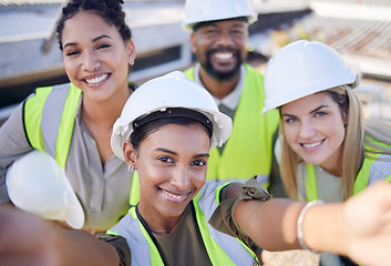 Image showing Selfie, engineer and staff outdoor, smile and construction site for real estate, new project and industrial. Portrait, coworkers and happy employees with success, hard hat for safety and management