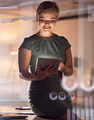 Image showing Tablet, coding or abstract for business woman in night office for data analytics, chart reading or progress management. Corporate, technology or 3d infographic information for company growth strategy