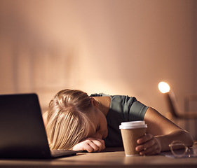 Image showing Sleeping, tired and burnout by business woman working at night in office on laptop for deadline, email or proposal. Sleep, exhausted and corporate employee suffering fatigue, workload and pressure