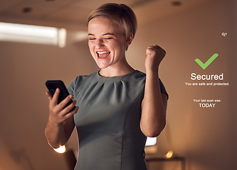 Image showing Phone, cybersecurity or success business woman in night office with data protection plan, virus free or safety software app. Smile, happy or cheering fist for programmer on future technology abstract