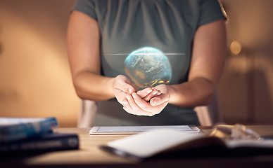 Image showing Globe hologram, international data and tablet with woman holding a digital earth illustration. Night, hands and website software of a corporate stock market employee with fintech network and web map