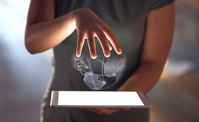 Image showing Globe abstract, hands or tablet screen for woman with global networking mockup, digital transformation app or cyber software. Zoom, futuristic or 3d world on technology for worldwide night business