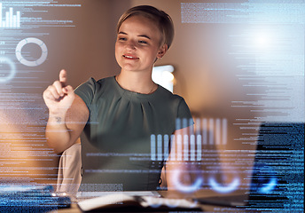 Image showing Hands, coding or interactive abstract for business woman in night office for data analytics, chart reading or progress check. Smile, happy and corporate on technology hologram for infographic growth