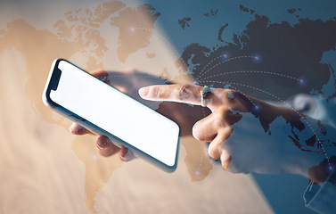 Image showing Globe abstract, hands and phone screen for global networking mockup, digital transformation app or woman community software. Zoom, futuristic and 3d world on technology for worldwide night business