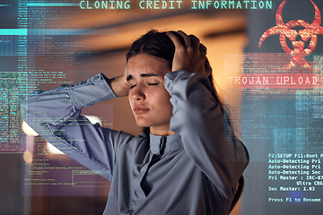 Image showing Hacker stress, coder overlay and cybersecurity problem graphic with a business woman with headache. Software glitch, ransomware server and burnout of a coding employee with anxiety and fear