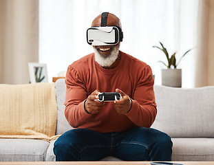 Image showing Vr, gaming and senior black man in virtual reality in home on sofa in living room, laughing and having fun. 3d metaverse, esports gamer and happy retired male playing futuristic games with controller