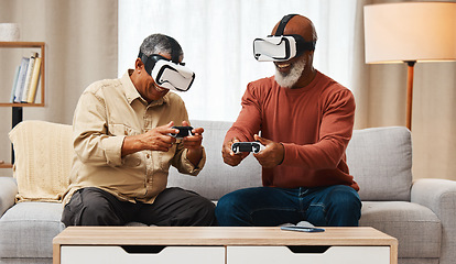 Image showing Vr, friends and senior men gaming in home on sofa in living room while laughing at meme. 3d technology, metaverse gamer and smile of happy retired people playing futuristic games with controller.