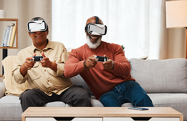 Image showing Friends, virtual reality and senior men gaming in home on sofa in living room while laughing. 3d vr, metaverse gamer and smile of happy retired people playing fun futuristic games with controller.