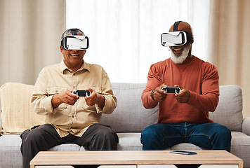 Image showing Friends, vr and senior men gaming in home on sofa in living room while laughing. 3d virtual reality, metaverse gamer and smile of happy retired people playing fun futuristic games with controller.