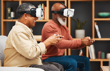 Image showing Gaming, metaverse and senior black man friends playing a video game together in the living room of a home. Sofa, virtual reality or retirement with a mature gamer and friend enjoying an online game