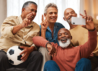 Image showing Selfie, men and senior friends with peace sign in house, having fun and bonding together. V emoji, retirement and happy elderly group of people laughing and taking pictures or photo for social media.