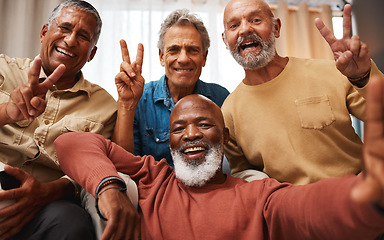 Image showing Portrait, selfie and senior friends with peace sign in house, having fun or bonding together. V emoji, retirement and happy elderly group of men laughing and taking pictures or photo for social media