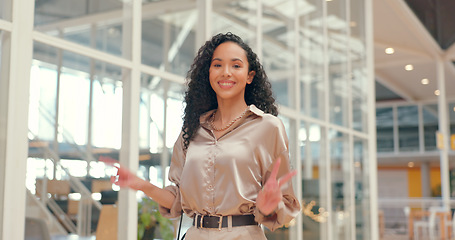 Image showing Face, smile or happy and a business black woman in a busy office with a positive mindset for company growth. Portrait, mission and vision with a female employee standing in her workplace for success