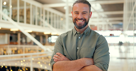 Image showing Business man, happy and arms crossed portrait while in office as leader with motivation. Smile of entrepreneur person at creative workplace for management vision, development and company growth