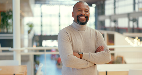 Image showing Black man, business and arms crossed portrait while in office for growth, vision and development. Happy entrepreneur person excited about goals, management and motivation at creative workplace