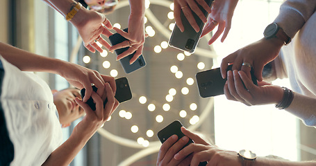 Image showing Low, connection and business people with phone for bluetooth, social media and communication. Planning, email and group of employees typing on a mobile for an app, chat and sync while networking